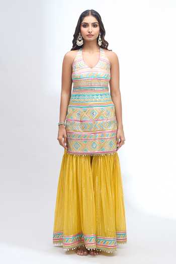Gopi Vaid_Yellow Halter Neck, Yes Embroidered Kurta Sharara Set _at_Aza_Fashions