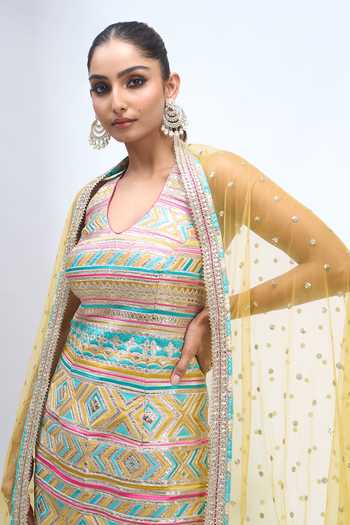 Buy_Gopi Vaid_Yellow Halter Neck, Yes Embroidered Kurta Sharara Set 