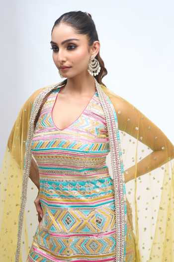 Shop_Gopi Vaid_Yellow Halter Neck, Yes Embroidered Kurta Sharara Set 