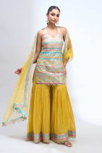 Gopi Vaid Embroidered Halter Kurta Sharara Set 