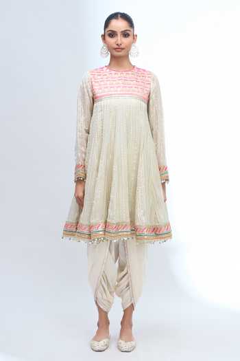 Buy_Gopi Vaid_Ivory Embroidery, Sequins Round Neck Anarkali Dhoti Pant Set _Online_at_Aza_Fashions