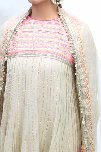 Shop_Gopi Vaid_Ivory Embroidery, Sequins Round Neck Anarkali Dhoti Pant Set _Online_at_Aza_Fashions