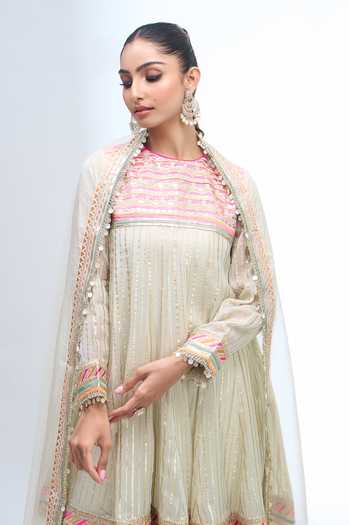 Gopi Vaid_Ivory Embroidery, Sequins Round Neck Anarkali Dhoti Pant Set _at_Aza_Fashions