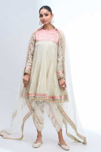 Buy_Gopi Vaid_Ivory Embroidery, Sequins Round Neck Anarkali Dhoti Pant Set 