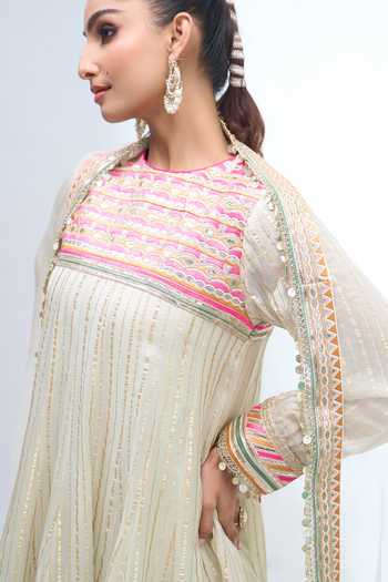 Shop_Gopi Vaid_Ivory Embroidery, Sequins Round Neck Anarkali Dhoti Pant Set 