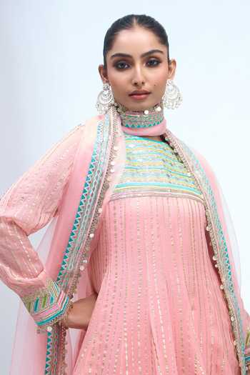 Shop_Gopi Vaid_Pink Embroidery High Neck Anarkali Dhoti Pant Set _Online_at_Aza_Fashions