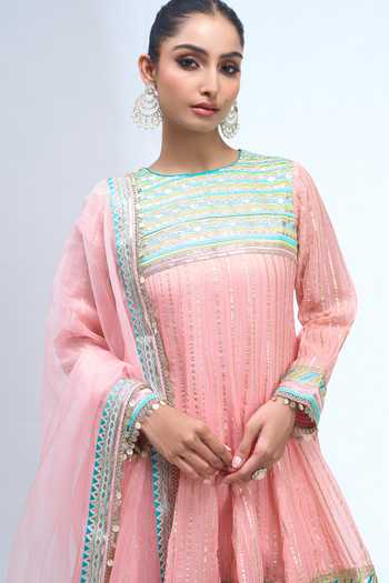 Gopi Vaid_Pink Embroidery High Neck Anarkali Dhoti Pant Set _at_Aza_Fashions