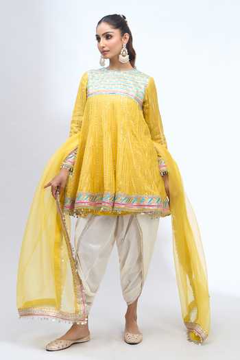 Shop_Gopi Vaid_Yellow Embroidery Round Neck Anarkali Dhoti Pant Set _Online_at_Aza_Fashions