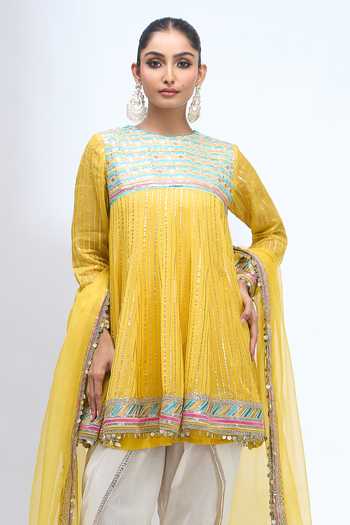 Gopi Vaid_Yellow Embroidery Round Neck Anarkali Dhoti Pant Set _at_Aza_Fashions
