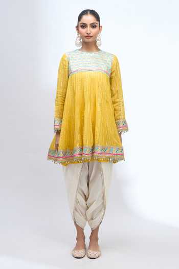 Shop_Gopi Vaid_Yellow Embroidery Round Neck Anarkali Dhoti Pant Set 