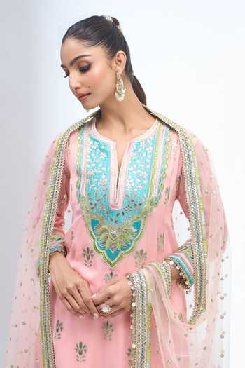 Buy Gopi Vaid Pink Split V-neck Embroidered Kurta Salwar Set Online at Aza Fashions Buy_Gopi Vaid_Pink Split V-neck Embroidered Kurta Salwar Set _Online_at_Aza_Fashions