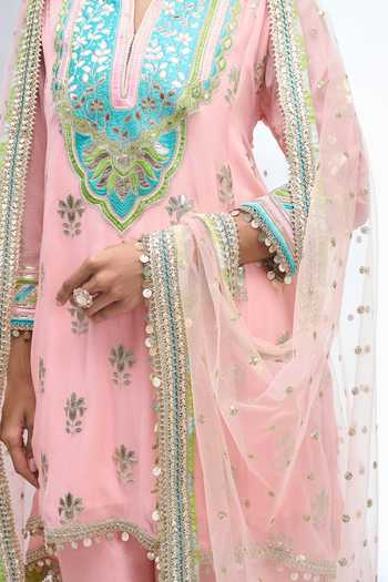 Shop Gopi Vaid Pink Split V-neck Embroidered Kurta Salwar Set Online at Aza Fashions Shop_Gopi Vaid_Pink Split V-neck Embroidered Kurta Salwar Set _Online_at_Aza_Fashions