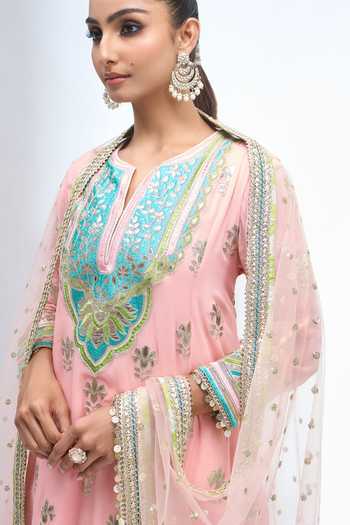 Buy Gopi Vaid Pink Split V-neck Embroidered Kurta Salwar Set Buy_Gopi Vaid_Pink Split V-neck Embroidered Kurta Salwar Set
