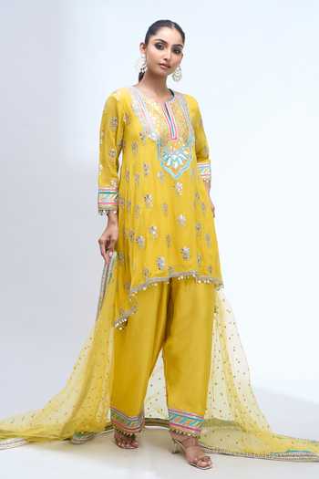 Buy Gopi Vaid Yellow Split V-neck Embroidered Kurta Salwar Set Online at Aza Fashions Buy_Gopi Vaid_Yellow Split V-neck Embroidered Kurta Salwar Set _Online_at_Aza_Fashions