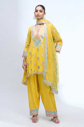 Shop Gopi Vaid Yellow Split V-neck Embroidered Kurta Salwar Set Online at Aza Fashions Shop_Gopi Vaid_Yellow Split V-neck Embroidered Kurta Salwar Set _Online_at_Aza_Fashions