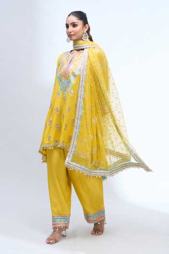 Gopi Vaid Yellow Split V-neck Embroidered Kurta Salwar Set at Aza Fashions Gopi Vaid_Yellow Split V-neck Embroidered Kurta Salwar Set _at_Aza_Fashions