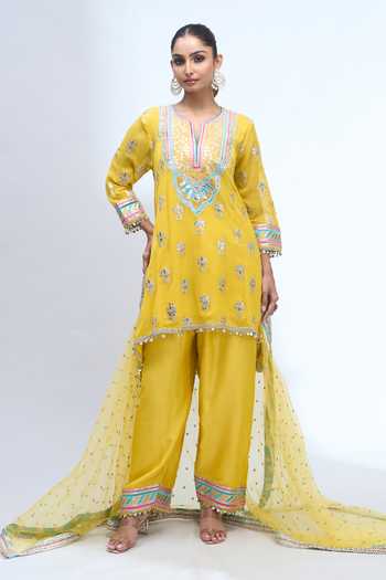 Buy Gopi Vaid Yellow Split V-neck Embroidered Kurta Salwar Set Buy_Gopi Vaid_Yellow Split V-neck Embroidered Kurta Salwar Set