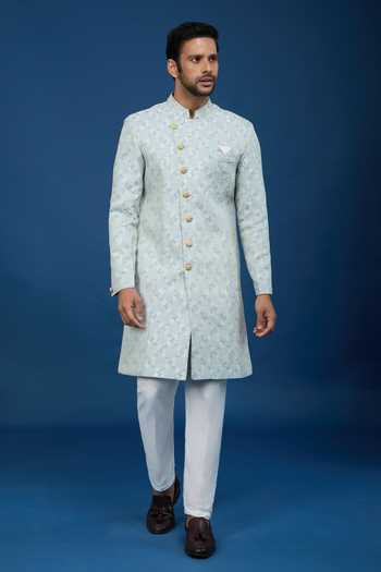 Buy_Arihant Rai Sinha_Blue Jacquard, Polyester, Viscose Embroidery, Geometric Woven Sherwani Set _Online_at_Aza_Fashions