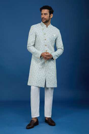 Shop_Arihant Rai Sinha_Blue Jacquard, Polyester, Viscose Embroidery, Geometric Woven Sherwani Set _Online_at_Aza_Fashions
