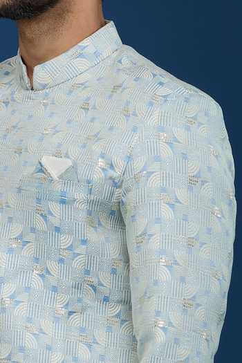 Arihant Rai Sinha_Blue Jacquard, Polyester, Viscose Embroidery, Geometric Woven Sherwani Set _at_Aza_Fashions