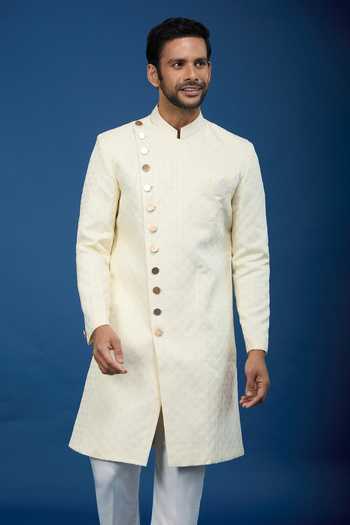 Buy Arihant Rai Sinha Cream Jacquard, Polyester, Viscose Embroidery, Geometric Pattern Sherwani Set at Aza Fashions Buy_Arihant Rai Sinha_Cream Jacquard, Polyester, Viscose Embroidery, Geometric Pattern Sherwani Set _at_Aza_Fashions