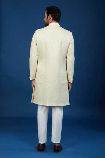 Shop Arihant Rai Sinha Cream Jacquard, Polyester, Viscose Embroidery, Geometric Pattern Sherwani Set at Aza Fashions Shop_Arihant Rai Sinha_Cream Jacquard, Polyester, Viscose Embroidery, Geometric Pattern Sherwani Set _at_Aza_Fashions