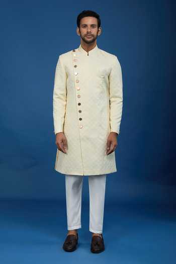 Arihant Rai Sinha Cream Jacquard, Polyester, Viscose Embroidery, Geometric Pattern Sherwani Set Online at Aza Fashions Arihant Rai Sinha_Cream Jacquard, Polyester, Viscose Embroidery, Geometric Pattern Sherwani Set _Online_at_Aza_Fashions
