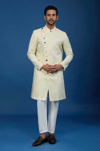 Buy Arihant Rai Sinha Cream Jacquard, Polyester, Viscose Embroidery, Geometric Pattern Sherwani Set Online at Aza Fashions Buy_Arihant Rai Sinha_Cream Jacquard, Polyester, Viscose Embroidery, Geometric Pattern Sherwani Set _Online_at_Aza_Fashions