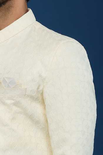Shop Arihant Rai Sinha Cream Jacquard, Polyester, Viscose Embroidery, Geometric Pattern Sherwani Set Online at Aza Fashions Shop_Arihant Rai Sinha_Cream Jacquard, Polyester, Viscose Embroidery, Geometric Pattern Sherwani Set _Online_at_Aza_Fashions