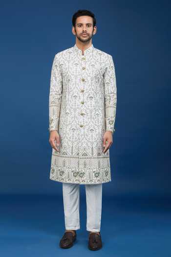 Shop_Arihant Rai Sinha_Off White Silk, Polyester, Viscose Embroidery, Sequins Floral Sherwani Set _Online_at_Aza_Fashions