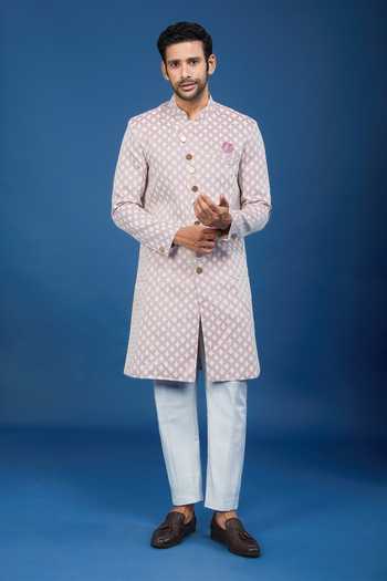 Arihant Rai Sinha Multicolor Jacquard, Polyester, Viscose Embroidery, Sequins Leaf Woven Sherwani Set at Aza Fashions Arihant Rai Sinha_Multicolor Jacquard, Polyester, Viscose Embroidery, Sequins Leaf Woven Sherwani Set _at_Aza_Fashions