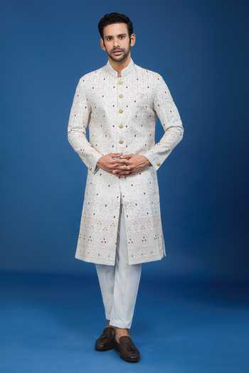 Shop Arihant Rai Sinha Off White Silk, Polyester, Viscose Embroidery Thread Sherwani Set Online at Aza Fashions Shop_Arihant Rai Sinha_Off White Silk, Polyester, Viscose Embroidery Thread Sherwani Set _Online_at_Aza_Fashions