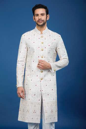 Arihant Rai Sinha Off White Silk, Polyester, Viscose Embroidery Thread Sherwani Set at Aza Fashions Arihant Rai Sinha_Off White Silk, Polyester, Viscose Embroidery Thread Sherwani Set _at_Aza_Fashions