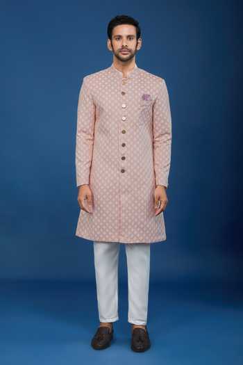 Arihant Rai Sinha Pink Jacquard, Polyester, Viscose Embroidery, Sequins Leaf Pattern Sherwani Set Online at Aza Fashions Arihant Rai Sinha_Pink Jacquard, Polyester, Viscose Embroidery, Sequins Leaf Pattern Sherwani Set _Online_at_Aza_Fashions