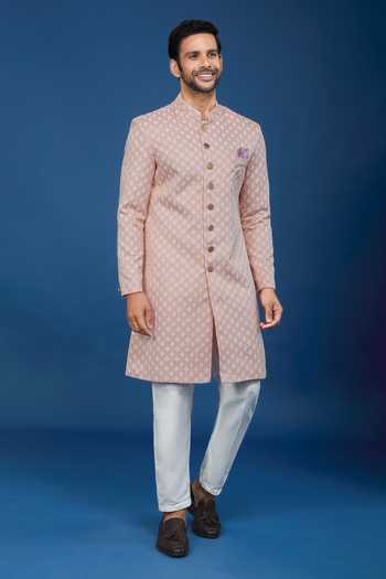 Shop Arihant Rai Sinha Pink Jacquard, Polyester, Viscose Embroidery, Sequins Leaf Pattern Sherwani Set Online at Aza Fashions Shop_Arihant Rai Sinha_Pink Jacquard, Polyester, Viscose Embroidery, Sequins Leaf Pattern Sherwani Set _Online_at_Aza_Fashions