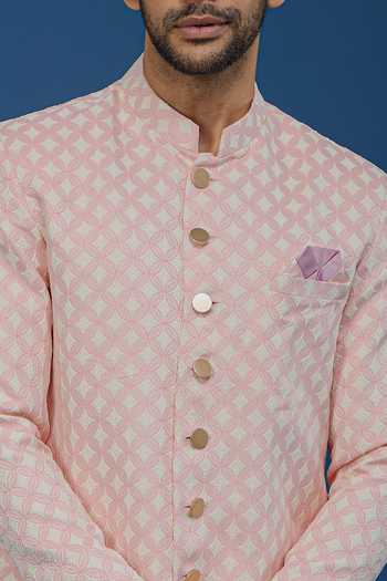 Arihant Rai Sinha Pink Jacquard, Polyester, Viscose Embroidery, Sequins Leaf Pattern Sherwani Set at Aza Fashions Arihant Rai Sinha_Pink Jacquard, Polyester, Viscose Embroidery, Sequins Leaf Pattern Sherwani Set _at_Aza_Fashions