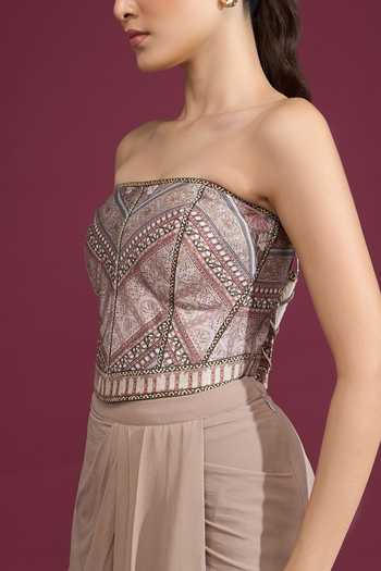 Buy_Tarun Tahiliani_Multi Color Bandeau Neck Printed Strapless Corset Top _Online_at_Aza_Fashions