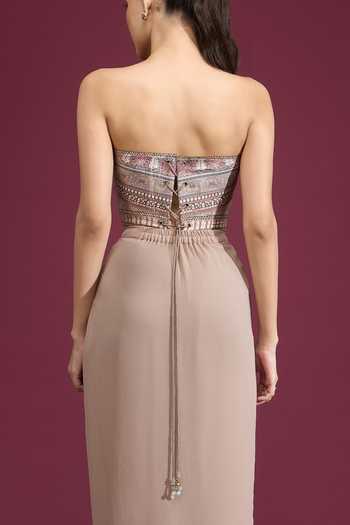Tarun Tahiliani_Multi Color Bandeau Neck Printed Strapless Corset Top _at_Aza_Fashions