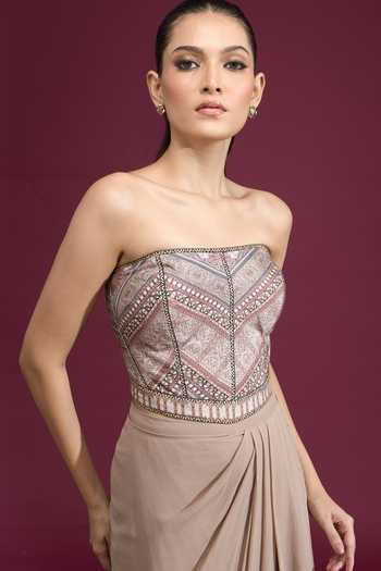 Buy_Tarun Tahiliani_Multi Color Bandeau Neck Printed Strapless Corset Top 