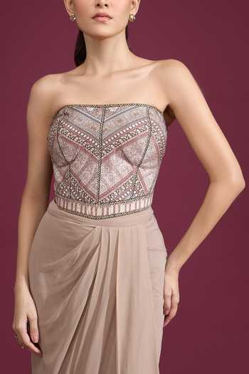 Shop_Tarun Tahiliani_Multi Color Bandeau Neck Printed Strapless Corset Top 