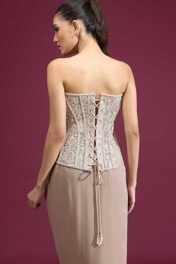 Tarun Tahiliani_Ivory Beads, Pearls Sweetheart Neck Embroidered Strapless Corset _at_Aza_Fashions