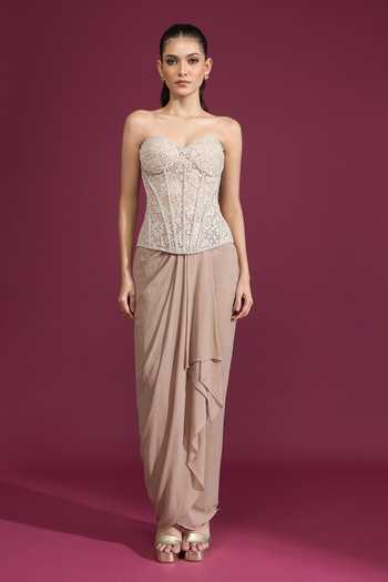 Buy_Tarun Tahiliani_Ivory Beads, Pearls Sweetheart Neck Embroidered Strapless Corset 