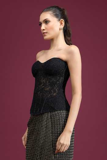 Buy_Tarun Tahiliani_Black Sweetheart Neck Strapless Embroidered Corset _Online_at_Aza_Fashions