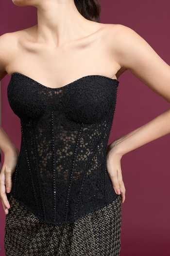 Tarun Tahiliani_Black Sweetheart Neck Strapless Embroidered Corset _at_Aza_Fashions