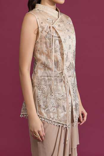 Buy_Tarun Tahiliani_Beige Mandarin Collar Embroidered Taupe Wrap Gilet _Online_at_Aza_Fashions