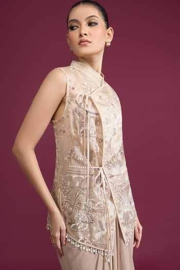 Shop_Tarun Tahiliani_Beige Mandarin Collar Embroidered Taupe Wrap Gilet _Online_at_Aza_Fashions