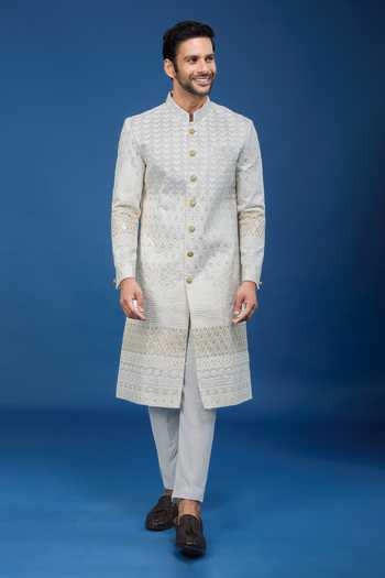 Shop Arihant Rai Sinha Cream Silk, Polyester, Viscose Embroidery, Sequins Chevron Sherwani Set Online at Aza Fashions Shop_Arihant Rai Sinha_Cream Silk, Polyester, Viscose Embroidery, Sequins Chevron Sherwani Set _Online_at_Aza_Fashions