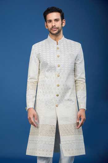 Arihant Rai Sinha Cream Silk, Polyester, Viscose Embroidery, Sequins Chevron Sherwani Set at Aza Fashions Arihant Rai Sinha_Cream Silk, Polyester, Viscose Embroidery, Sequins Chevron Sherwani Set _at_Aza_Fashions
