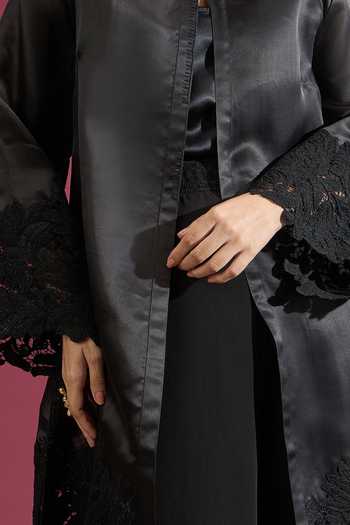 Shop Tarun Tahiliani Black Keyhole Neck Lace Work Long Jacket Online at Aza Fashions Shop_Tarun Tahiliani_Black Keyhole Neck Lace Work Long Jacket _Online_at_Aza_Fashions