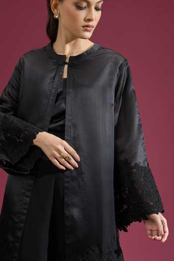 Tarun Tahiliani Black Keyhole Neck Lace Work Long Jacket at Aza Fashions Tarun Tahiliani_Black Keyhole Neck Lace Work Long Jacket _at_Aza_Fashions